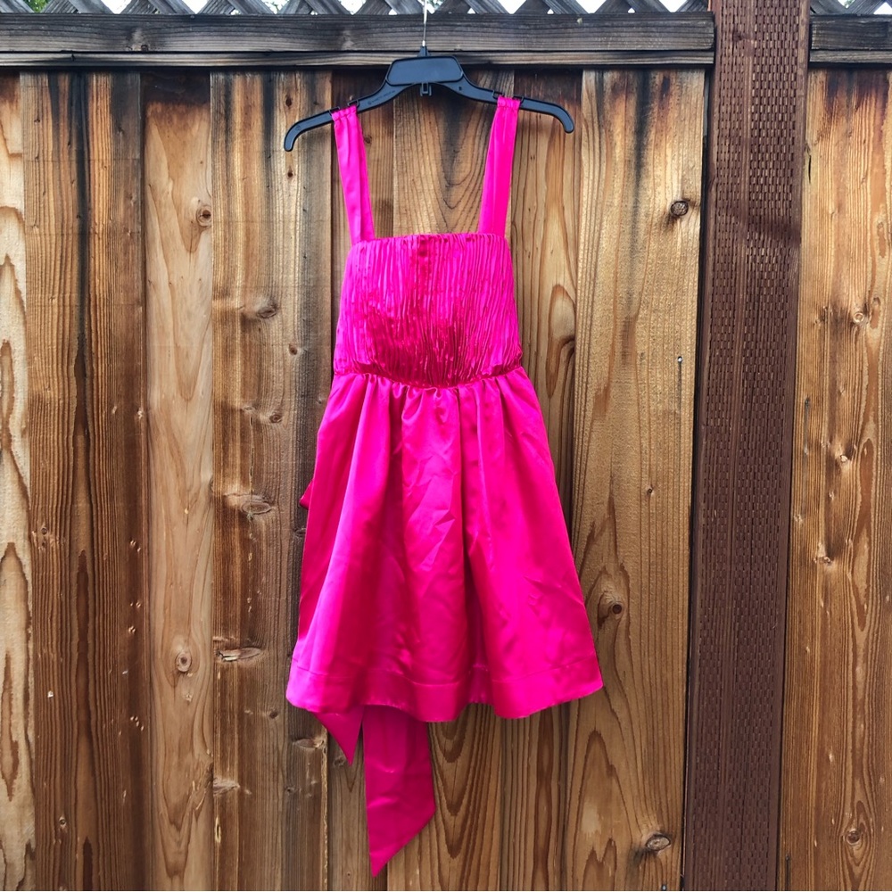 Anthropologie Maeve Fuchsia Bow-Tie Satin Pleated Smocked Back Mini Dress size 4 - Picture 3 of 10